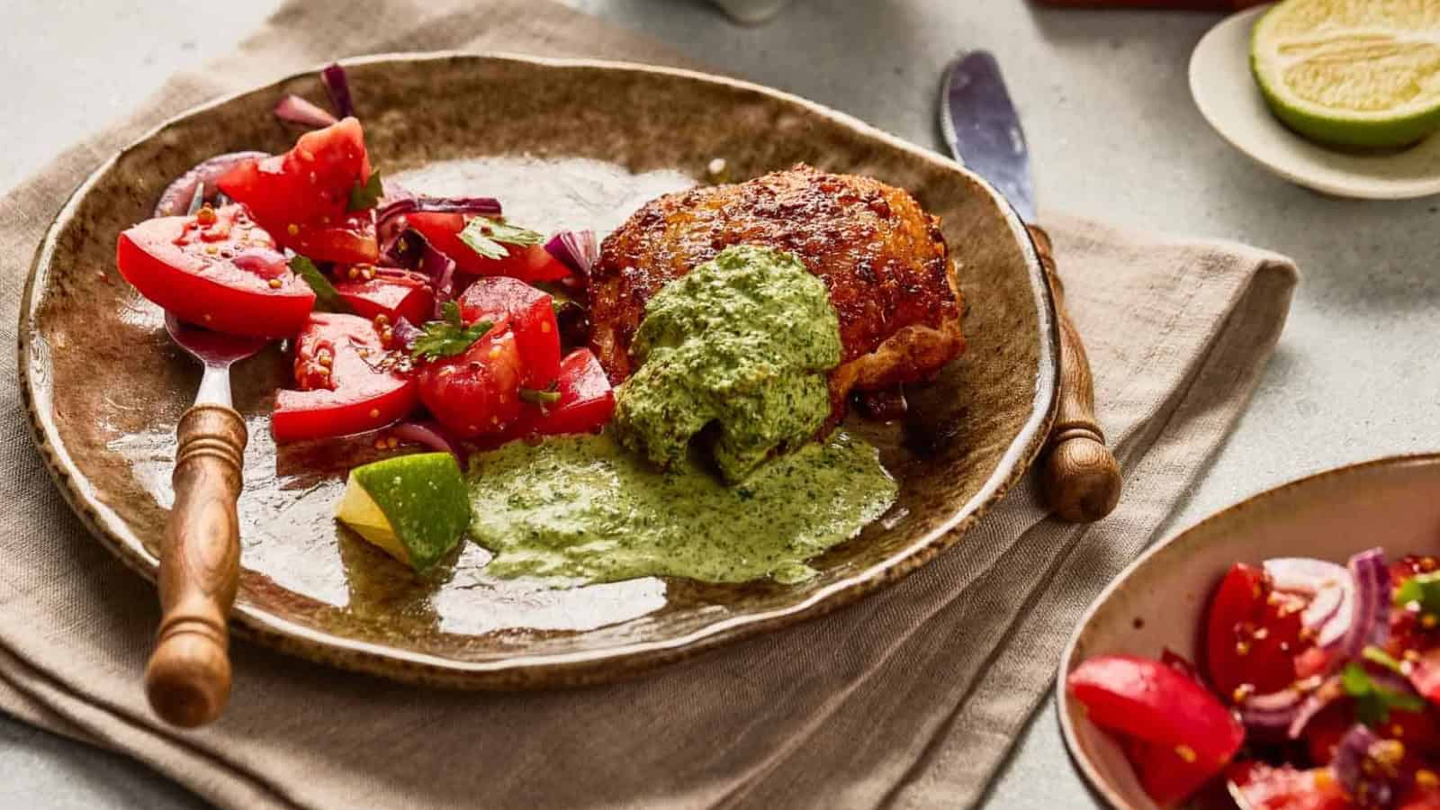 A plate with salad, a piece of chicken topped with green sauce, and a lime wedge on a brown napkin.