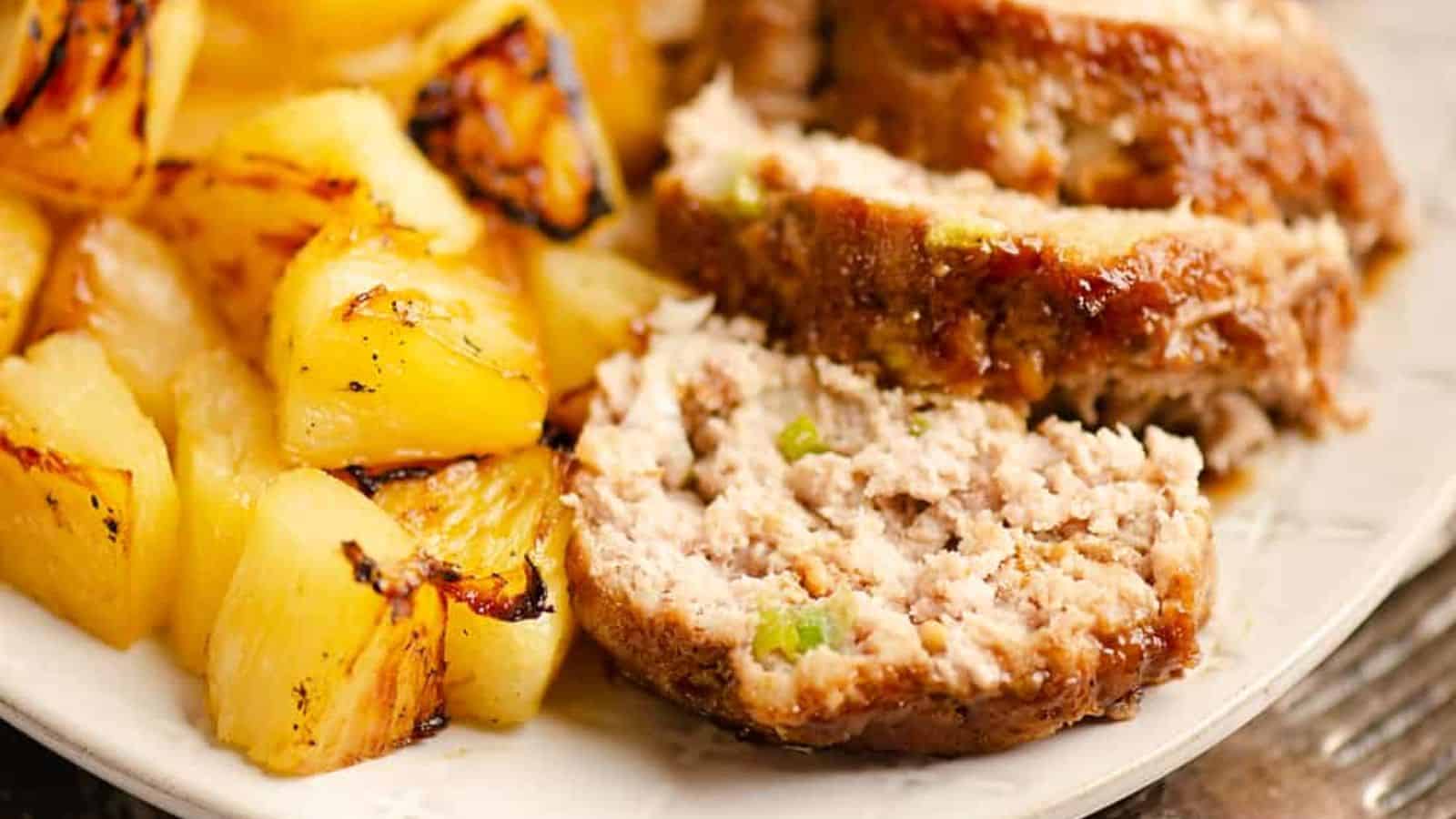 Roasted pineapple meatloaf topped with sweet glaze.