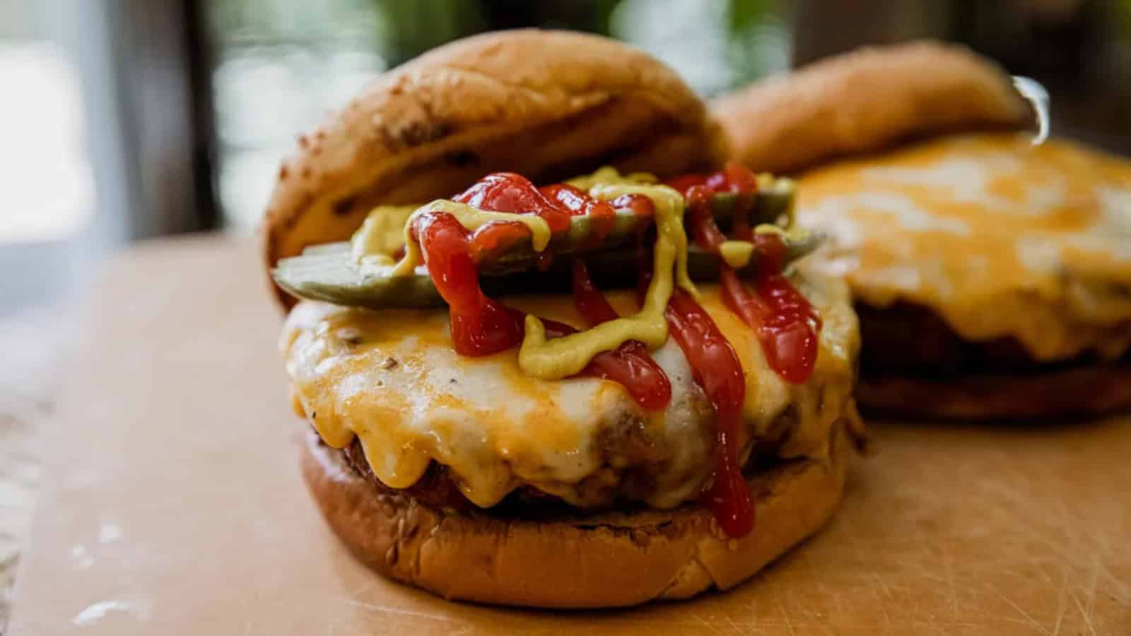 Smoked cheeseburger topped with melted cheese on a toasted bun.