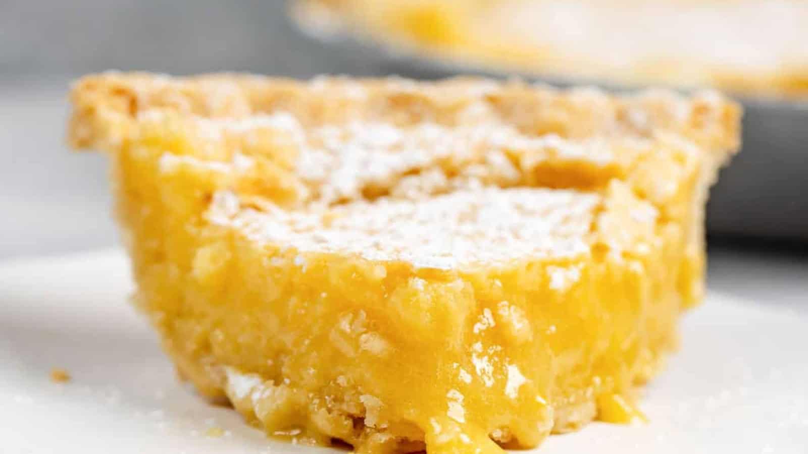Vinegar pie with a smooth custard filling baked in a flaky pie crust.