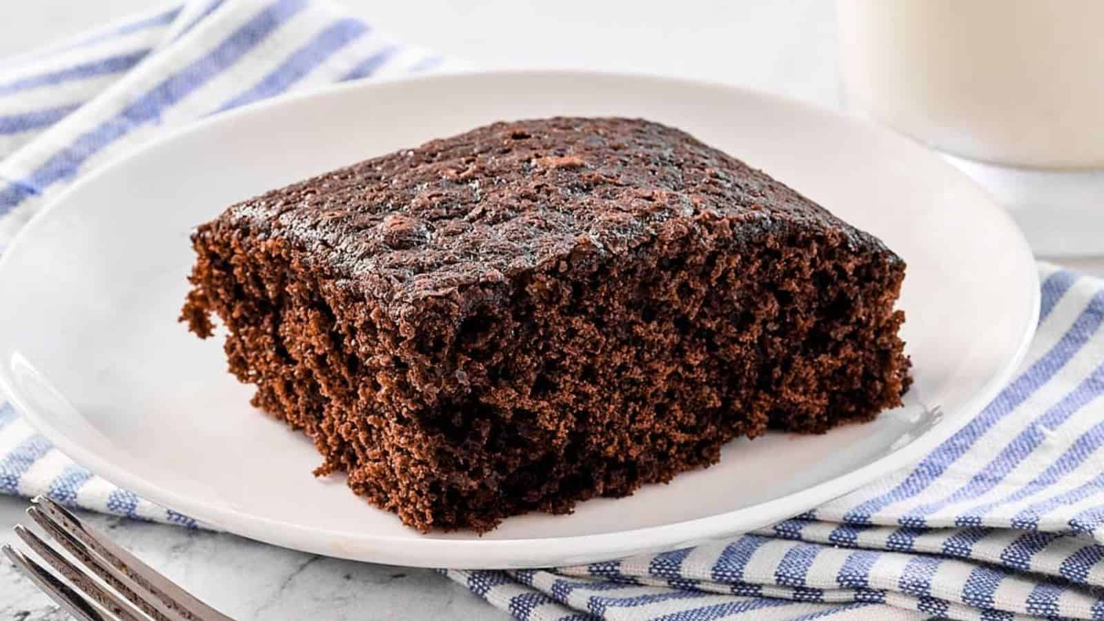 Wacky cake with a moist chocolate crumb and chocolate frosting.