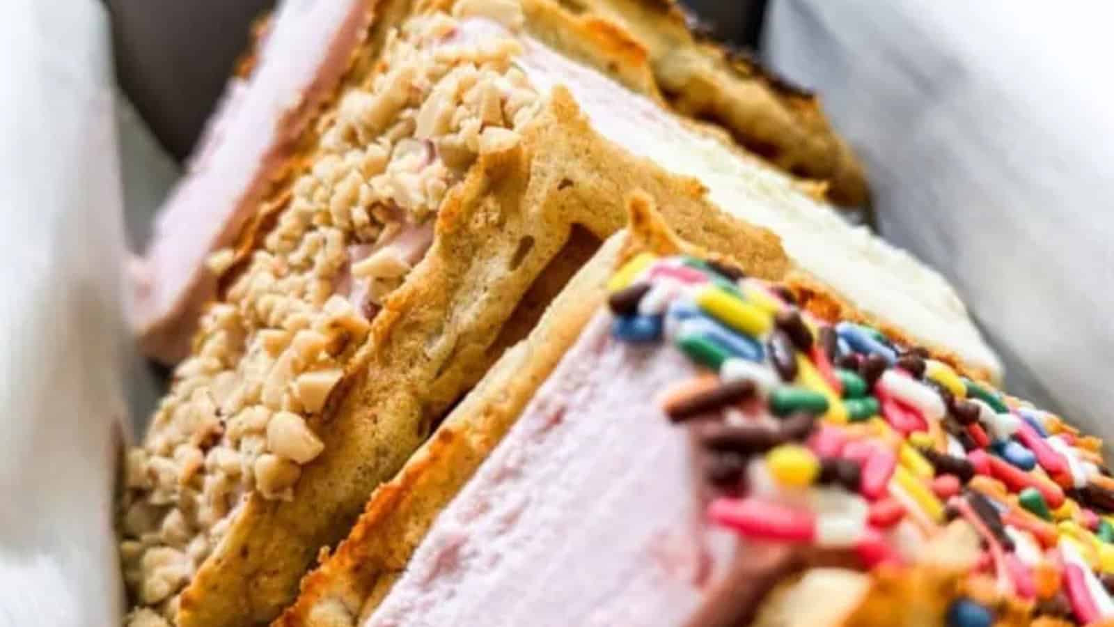A close-up of several waffle ice cream sandwiches, each filled with Neapolitan or other flavors, and some coated with chopped nuts or colorful sprinkles&mdash;a festive Fourth of July treat.